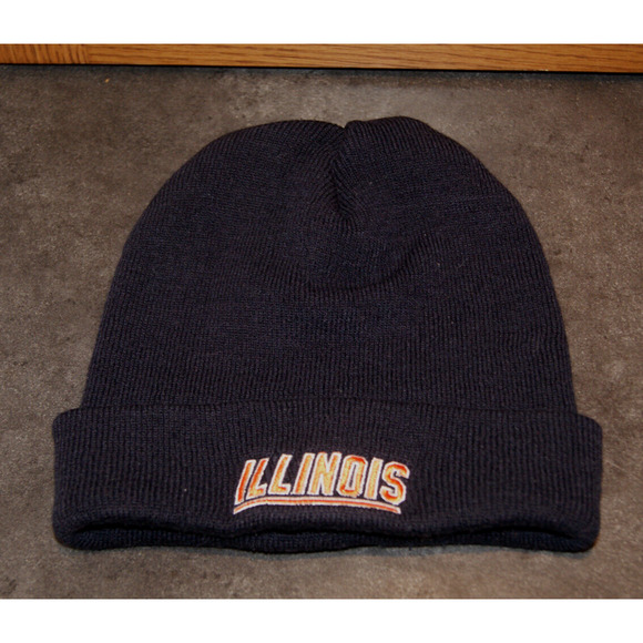 ILLINOIS FIGHTING ILLINI Winter Knit Beanie Hat Blue Cuff 2 Sided Logo Spell Out - Picture 1 of 3